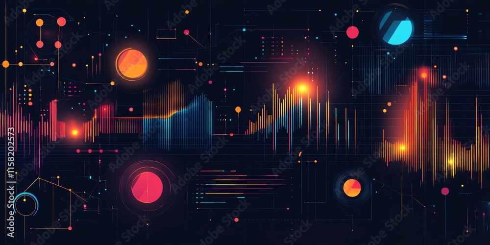 Poster Abstract digital visualization with colorful patterns and data representations.