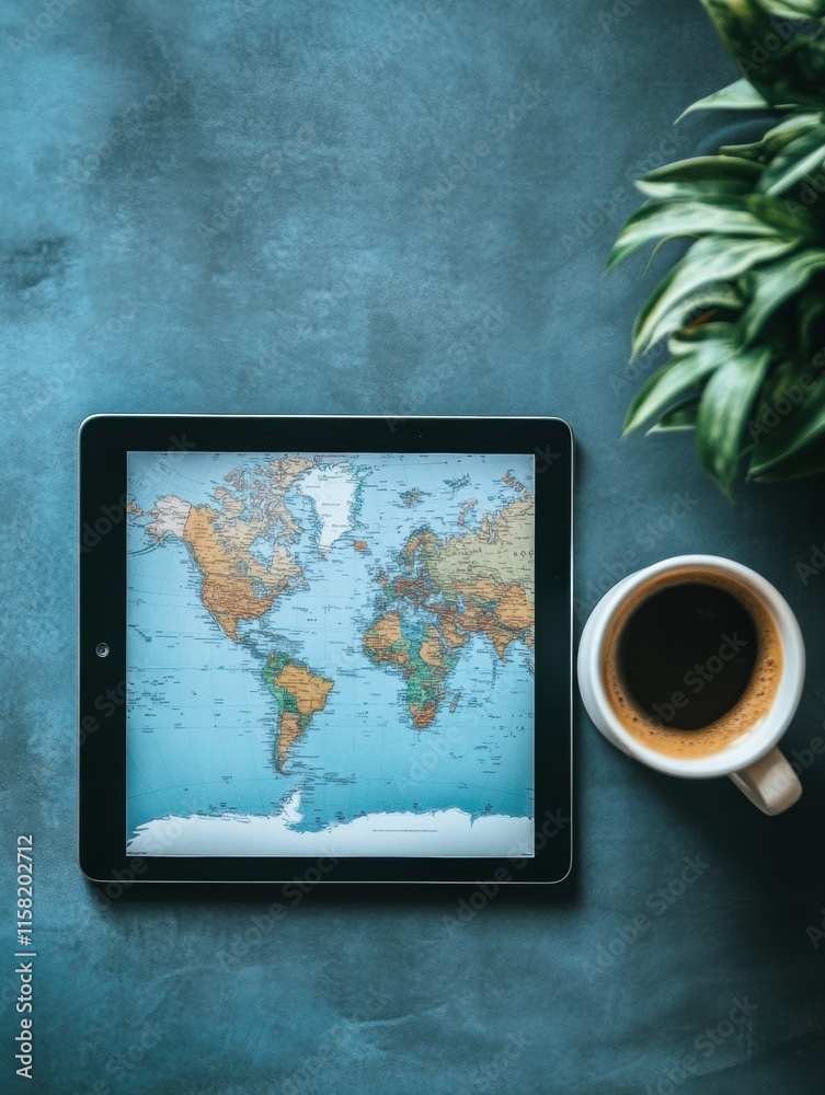 Poster modern flat lay with a tablet showcasing a world map and coffee cup ready for travel planning in a c