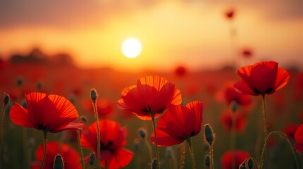 Field of red poppies in the sunset