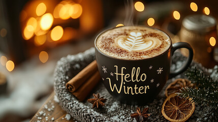 Close-up of festive latte art with Hello Winter text, fairy lights, and cozy decor