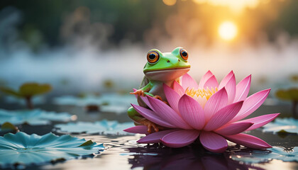 Green Frog on Lotus Flower