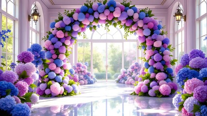 A large floral arch filled with green and pink flowers in a bright, sunlit room with white walls, ideal for weddings and romantic events.