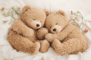 Sleepy Teddy Bears Cuddling Together on Soft Blanket with Flowers