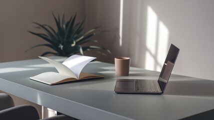Minimalist Home Office Desk with Laptop and Notebook Wallpaper