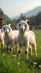 Fototapeta premium Goats grazing on grass, free range farm