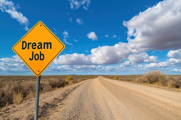 A yellow diamond-shaped traffic sign with "Dream Job" in bold letters, placed on a dirt road leading into a scenic horizon under a vibrant blue sky.