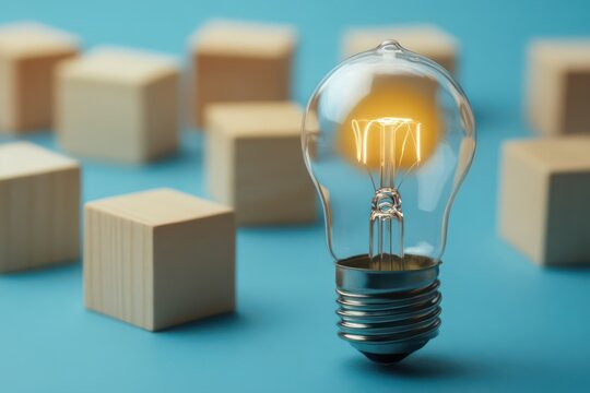 Ideas concept with light bulb and wooden cubes on blue background. Creative thinking ideas and innovation concept - Powered by Adobe