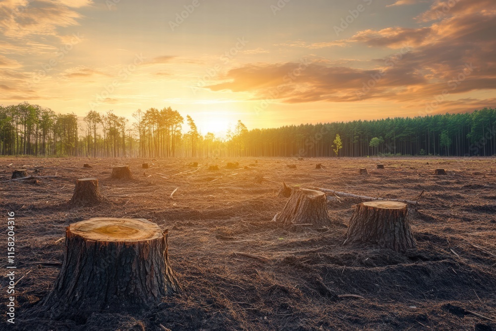 Aufkleber Deforested landscape at sunset with visible tree stumps in open terrain. Generative AI
