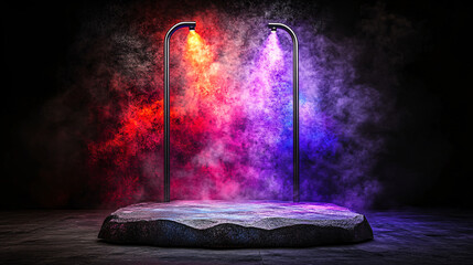 modern photo booth with colorful lighting effects and textured platform, creating vibrant atmosphere for events and gatherings