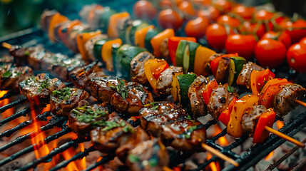 A close-up of delicious meat grilling on skewers, surrounded by smoke and heat, symbolizing culinary skill and outdoor dining.