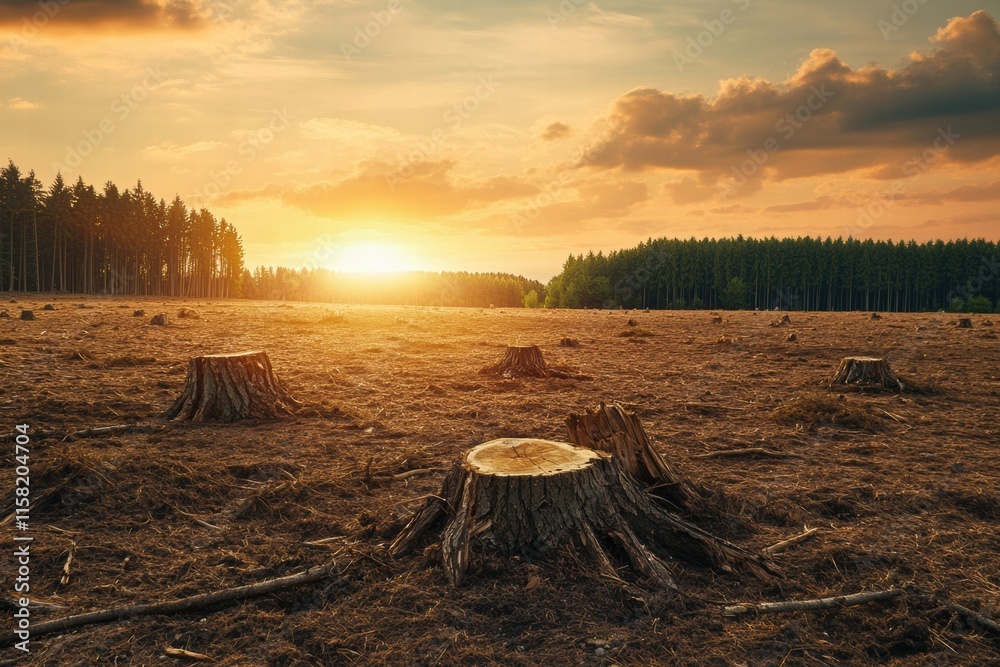 Poster deforested landscape with stumps under a sunset sky in a serene yet devastated environment. generati