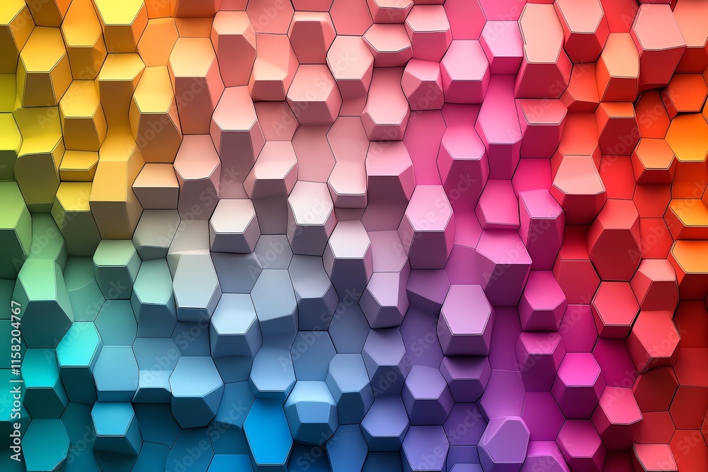 Aufkleber A colorful abstract pattern of 3D hexagonal shapes in gradient hues.