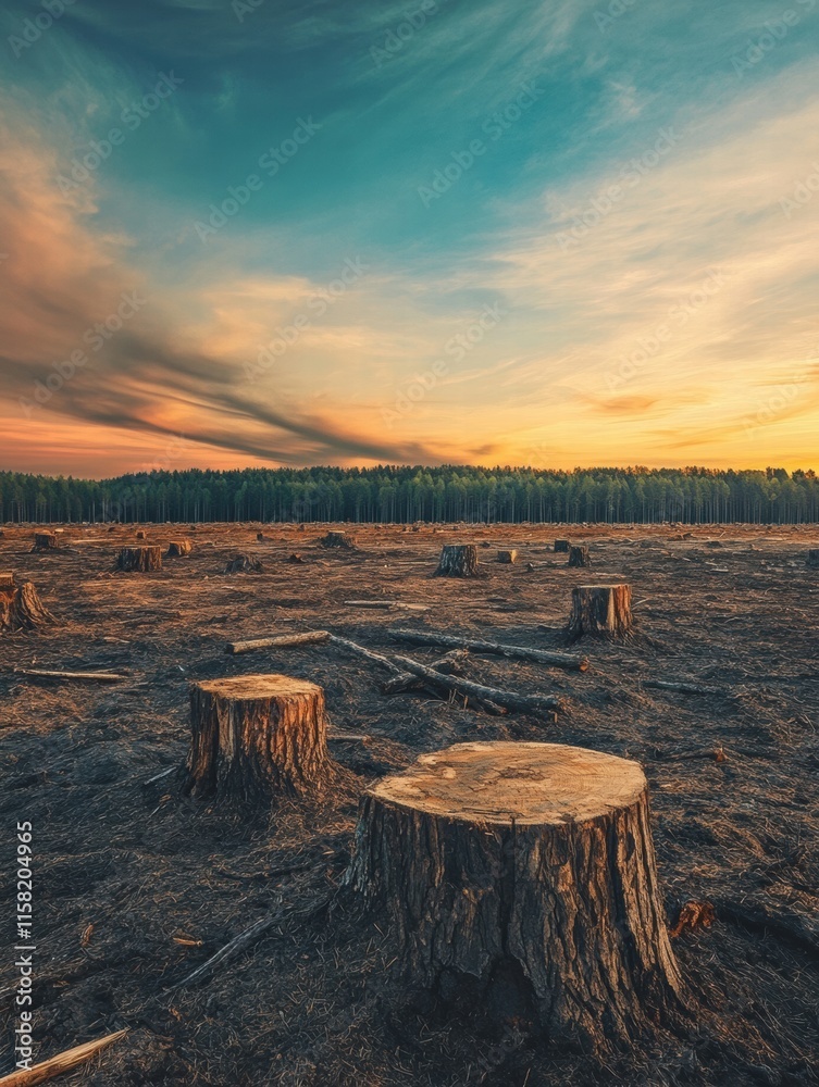 Poster deforested landscape with numerous tree stumps and remnants of a once lush forest at sunset. generat