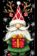 Festive Christmas Gnome with Reindeer Antlers Holding a Gift