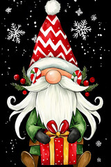 Whimsical Christmas Gnome Holding Gift Box, Festive Illustration with Snowflakes and Red Zigzag Hat