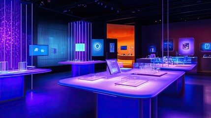 A futuristic tech showroom with interactive screens, holograms, and cutting-edge devices arranged on illuminated tables
