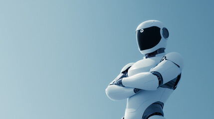 Futuristic Humanoid AI Robot with Sleek White Metallic Body and Gradient Blue Background for Modern Technology Concept