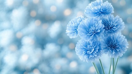 Close-up of a bouquet of light blue flowers against a bokeh background.