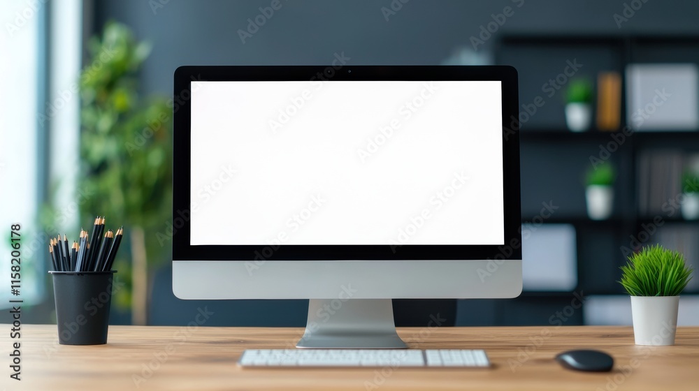 Poster desktop computer showing blank screen in modern office workspace