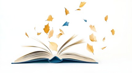 An open book with autumn leaves swirling around, symbolizing knowledge and nature's beauty.