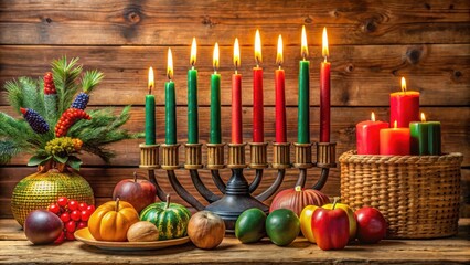 Colorful Kwanzaa decorations for festive celebration, Kwanzaa, African American, holiday, tradition, candles, unity cup, cultural