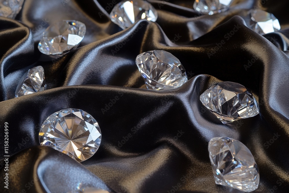 Poster Sparkling diamonds scattered on luxurious black satin fabric with ample space for creative text placement. Generative AI