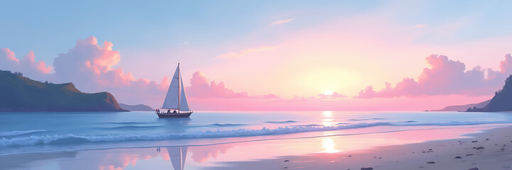 Fototapeta premium A panoramic wallpaper of a calm beach at dusk, with a lone sailboat drifting on still waters, painted in an impressionist style with soft, blended strokes and pastel tones.