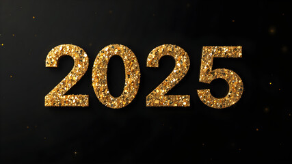 The numbers 2025 made of golden glitter particles, floating against a black elegant background with subtle sparkles, ultra-detailed 8K