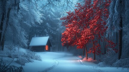 A serene winter landscape featuring a cozy cabin and a striking red tree amidst snow.