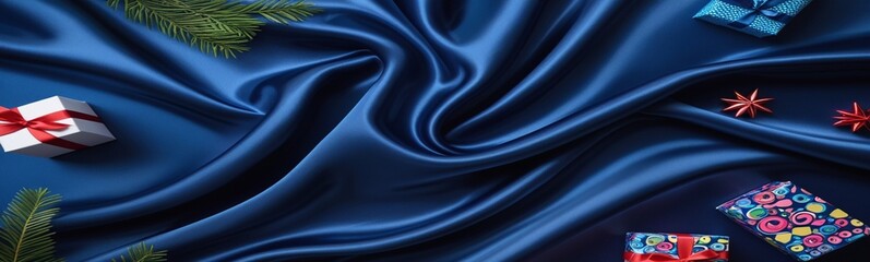 Obraz premium A luxurious red, white, and blue satin fabric with smooth waves and elegant curves, featuring a shiny, soft texture and flowing drapery, creating a sophisticated, colorful backdrop