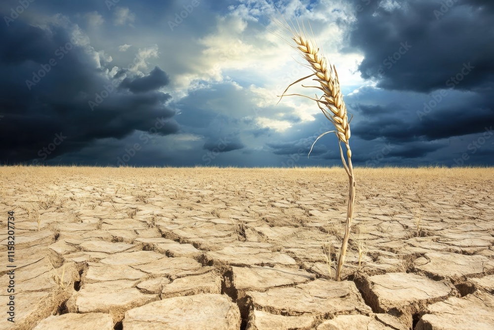Poster withered wheat stalk in a dry barren field under a cloudy sky on an overcast day. generative ai