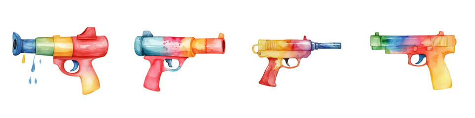 Holi festival element, Colorful water guns in various designs for festive celebrations, isolated on transparent background.