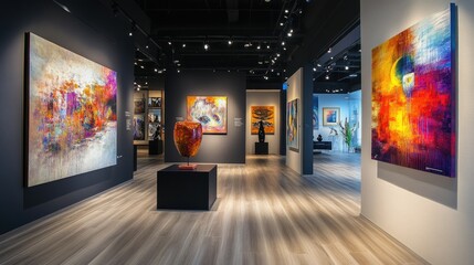 An art gallery-style showroom with abstract paintings and sculptures displayed under elegant lighting