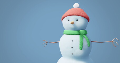 Image of christmas snow man moving over blue background
