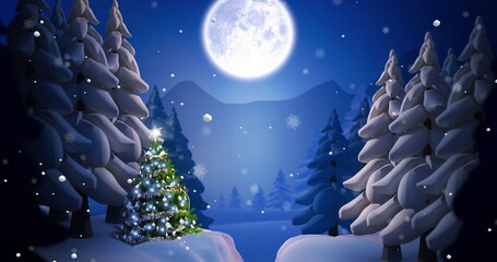 Naklejka premium Image of snow falling over christmas winter scenery with christmas tree and full moon background