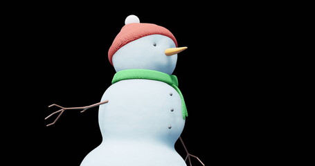Image of christmas snow man moving on black background