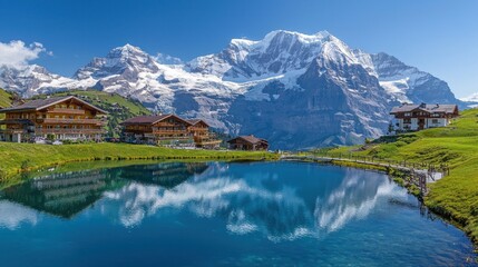 Fototapeta premium Scenic mountain landscape with a tranquil lake reflecting snowy peaks.