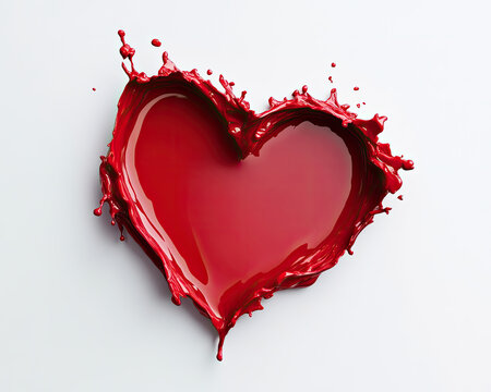 A vivid red heart shape created from splashing liquid, symbolizing love and emotion against a clean background.