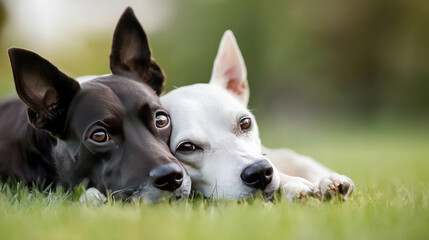 Naklejka premium Two dogs, one black and one white, cuddle together on green grass, showcasing their friendship and affection in a serene outdoor setting.