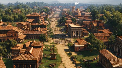  Timeless thoroughfares: A representation of ancient Roman streets, illustrating the bustling activity and architectural grandeur of the cityscape during the Roman Empire’s height