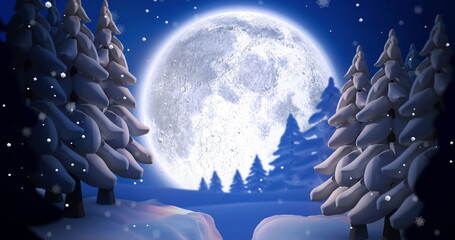 Naklejka premium Image of snow falling over christmas winter scenery with full moon background