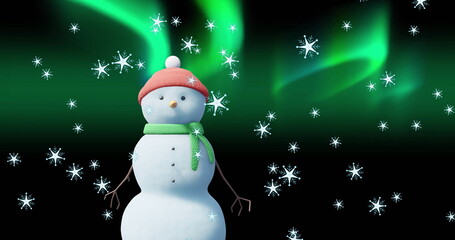 Image of christmas snow man moving over aurora borealis and snow falling on black background
