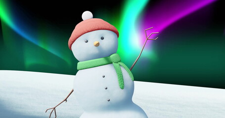 Image of christmas snow man moving over aurora borealis on black background