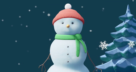 Image of christmas snow man moving over snow falling on blue background