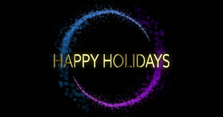 Image of happy holidays text over glowing lights on black background