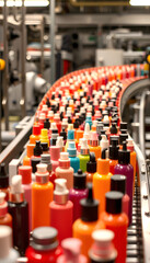 Conveyor belt filled with colorful bottles of cosmetics in a production line, showcasing industrial manufacturing of beauty products in various shades and hues, studio lighting, with white tones