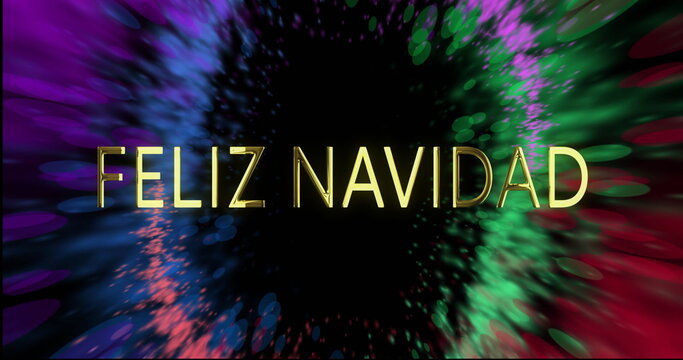 Image of feliz navidad text over glowing lights on black background - Powered by Adobe