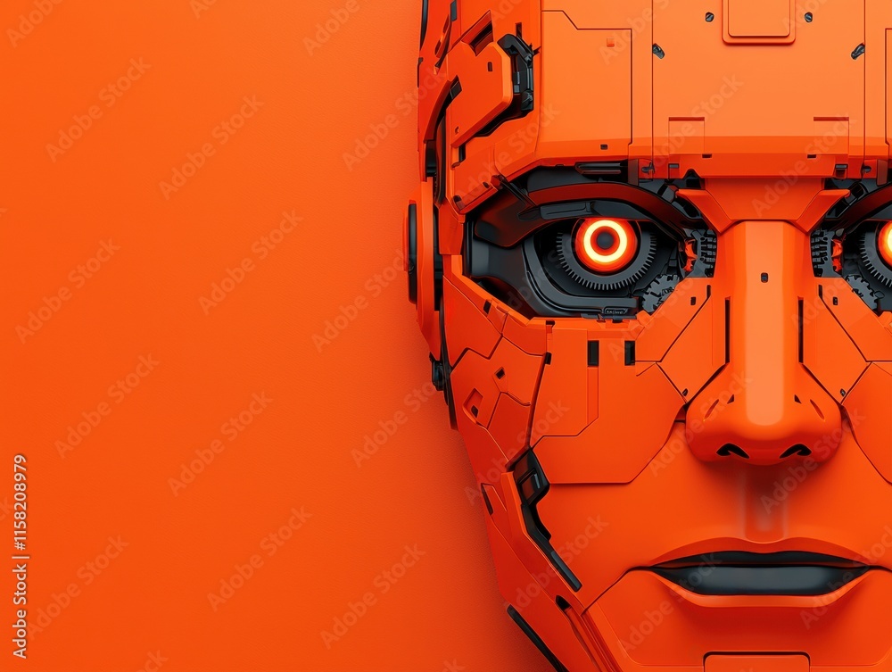 Poster futuristic orange robot face showing artificial intelligence technology