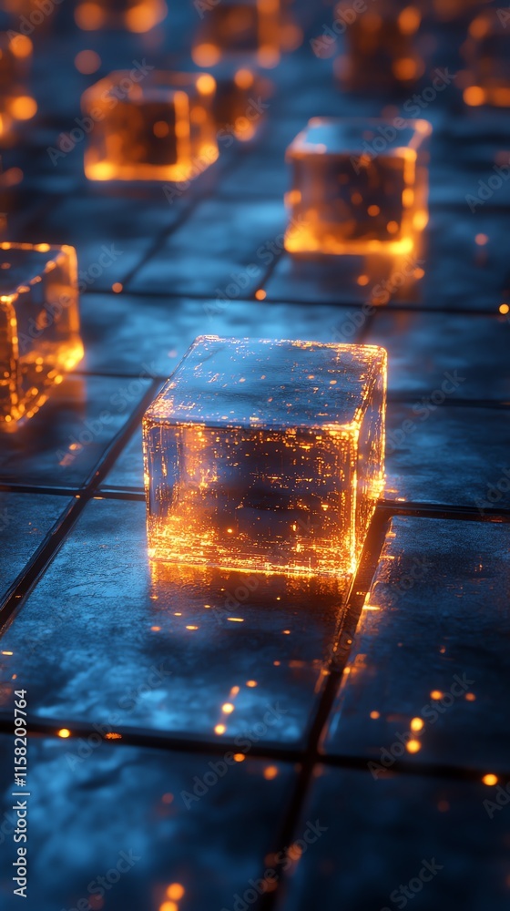 Poster a digital scene featuring glowing cubes on a textured surface, evoking a futuristic atmosphere.