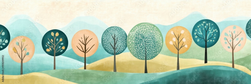 Poster vibrant naive art style landscape featuring whimsical trees and serene hills perfect for creative pr